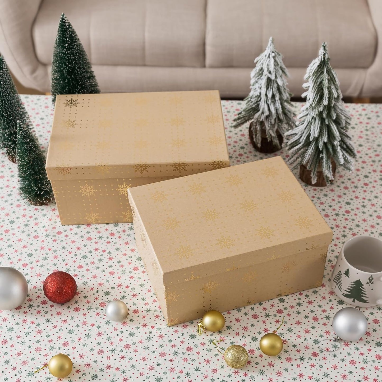 Soul & Lane Christmas Gift Boxes with Lids, Vintage Kraft Reusable Christmas Nesting Boxes for Presents, Decorative Cardboard Large Holiday Storage For Keepsakes and Snowflakes Decor, Set of 2