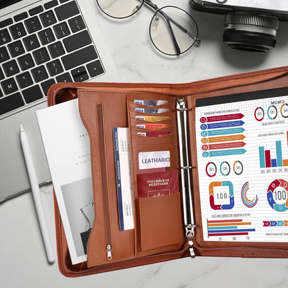 Leathario Portfolio Binder, Includes 10 Sheet Protectors and 3 Notepads, 3-Ring Folder Organizer, A4 Padfolio with Zipper, Vegan Leather Tablet Sleeve, Business Office Conference Clipboards