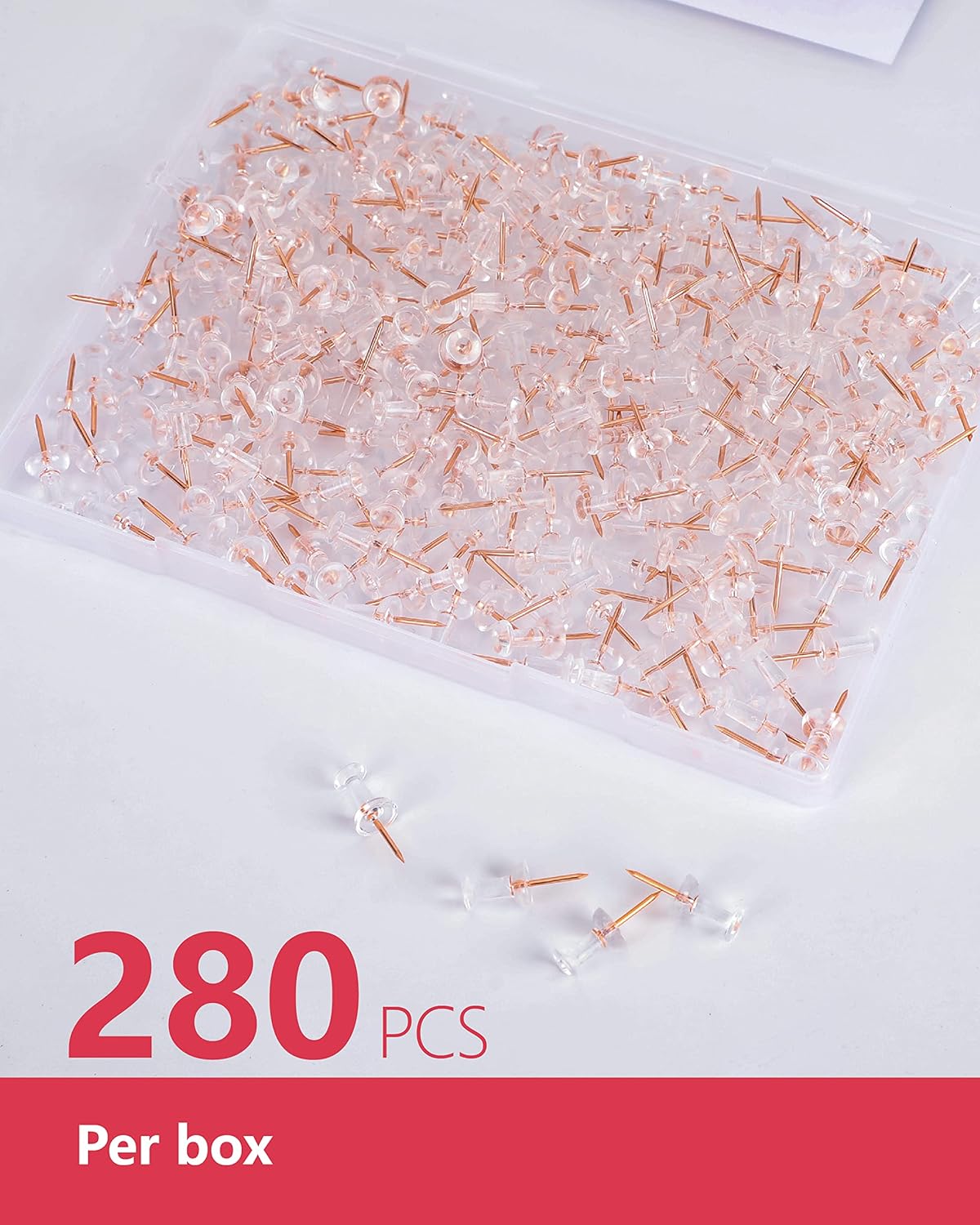 PAPERPAL 280 Rose Gold Push Pins for Cork Board, Clear Thumb Tacks for Wall Hangings, Pushpins for Office School & Personal Use, Standard Size Push Pin Tacks