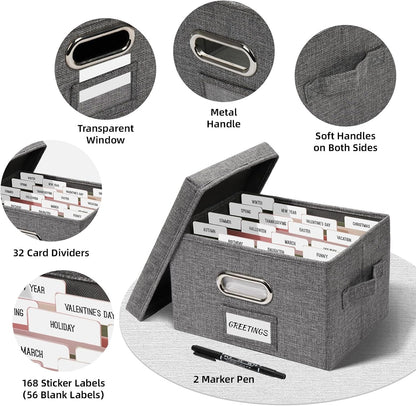 Greeting Card Storage Box, Linen Storage Box with 32 Adjustable Dividers, 168 Labels, 2 Marker Pen, Perfect for Organizing Greeting Cards, Envelopes, Photos 2 Pack Grey