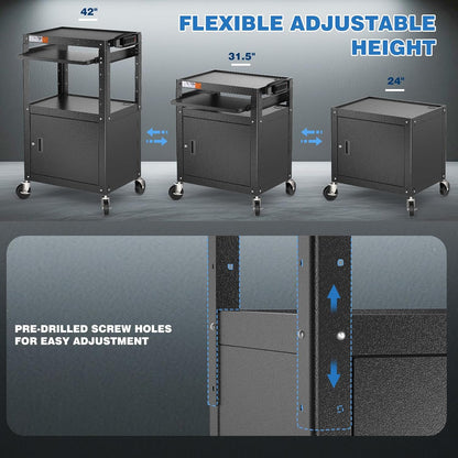 Steel Large AV Cart with Locking Cabinet - Adjustable Height Media Carts with Wheels, Pullout Tray, Power Strip for Mobile Work Station - Rolling Computer Cart for Office Classroom Presentation