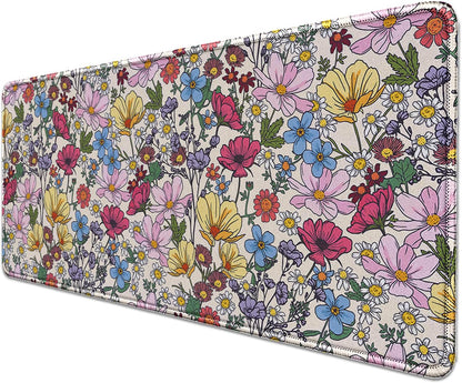 Colorful Flowers Mouse Pad,Large Floral Mousepad Desk Pad with Stitched Edges,Non-Slip Waterproof Rubber Base Mouse Mat for Office Computer Keyboard Laptop Home(27.5x11.8 in)