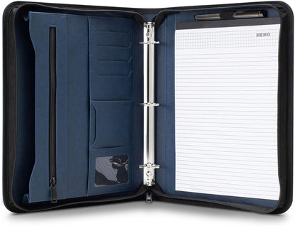 Portfolio Organizer - 3 Ring Binder with Notepad - 1.5 Inch Rings - Zippered Storage Pockets for Papers, Travel Documents, Presentation Folder, Cards, Passport, Tickets - Blue