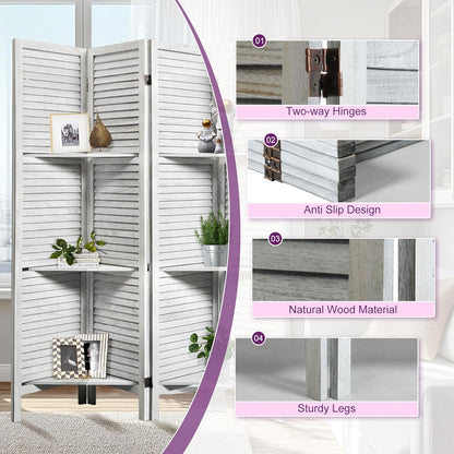 Room Divider with Shelves, 5.6FT Folding Room Divider Panel, 4 Panel Wood Partition Wall Divider for Room Separation, White