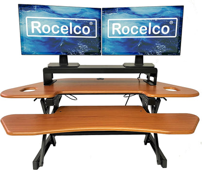 Rocelco 46" Height Adjustable Corner Standing Desk Converter with Dual Monitor Stand Bundle - Sit Stand Up Computer Workstation Riser - Extra Large Keyboard Tray - Teak Wood Grain (R CADRT-46-DMS)