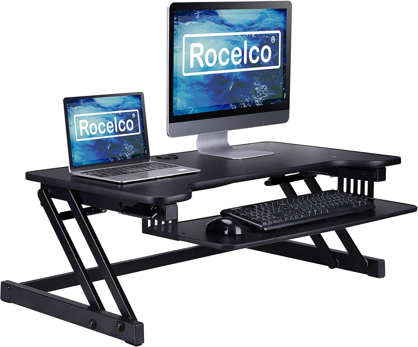 Rocelco 37.5" Deluxe Height Adjustable Standing Desk Converter - Quick Sit Stand Up Dual Monitor Riser - Gas Spring Assist Computer Workstation - Large Retractable Keyboard Tray - Black (R DADRB)