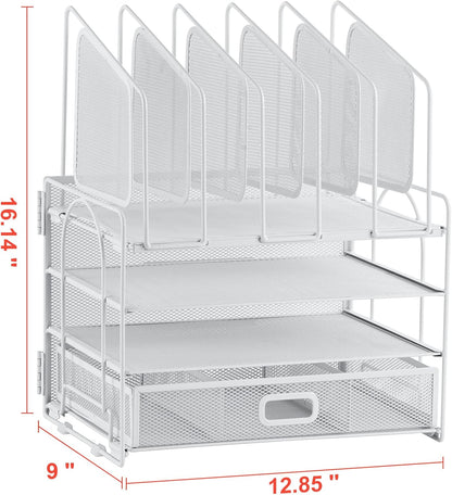 Marbrasse Desk Organizers, 4-Tier Mesh Desk File Organizer with 5 Vertical File Holders and 2 Pen Holders, Multifunction Desktop Organizer,Desk Organizers and Accessories for Home Office (White)