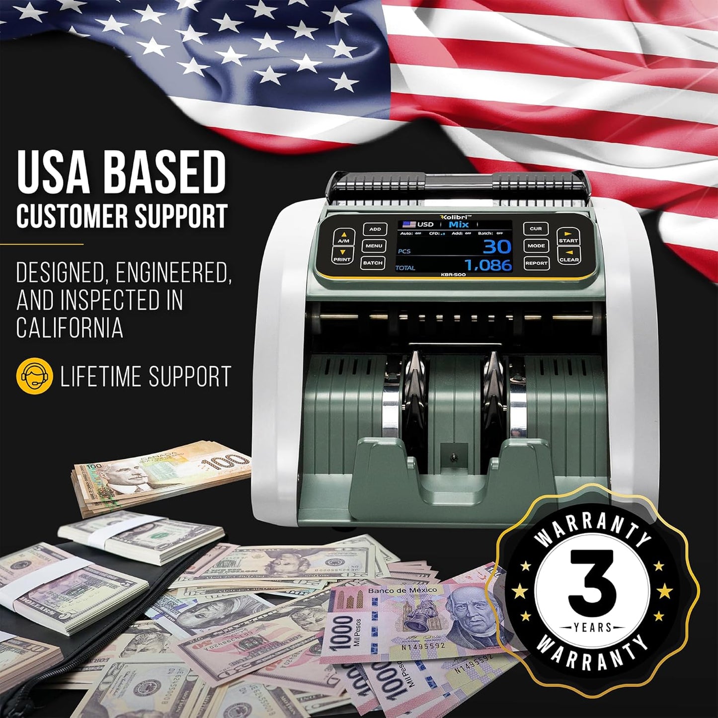 KOLIBRI KBR-500 Money Counter Machine Mixed Denomination | Business Grade Cash Counter Machine w/Advanced IR/UV/MG/MT/Counterfeit Detection, Multi-Currency (USD CAD MXN GBP EUR)