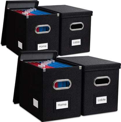 PRANDOM File Organizer Box - Set of 4 Collapsible Decorative Linen Filing Storage Hanging File Folders with Lids Office Cabinet Letter Size Black (14x9.3x10.8 inch)