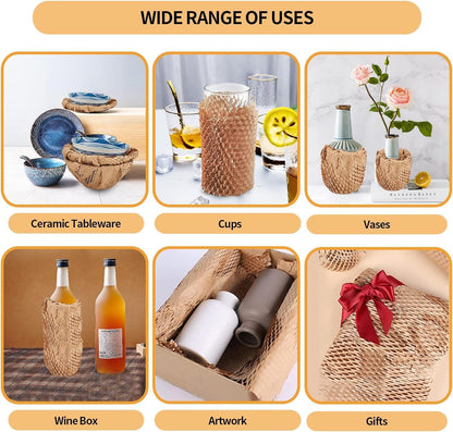 Honeycomb Packing Paper, HONSREO 15in x 300ft Eco Friendly Recyclable Cushioning Material, Bubble Wrap for Moving Shipping Breakable Supplies with 20 Fragile Sticker Lables (Brown)