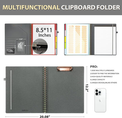 Clipboard with Storage for Men Women, Leather Padfolio Portfolio Organizer 5 Folders with 10 Pockets, Spiral Clipboard Folio with Notepad for Letter Size, Elastic Closure and Pen Loop Grey
