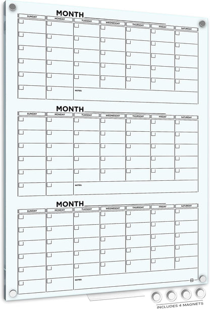 Glass Whiteboard Calendar 34x46” Quarterly Planner White Board Dry Erase Board 3 Month for Wall Glass Whiteboard Home Office Large Wall Calendar 2025 & Marker Tray