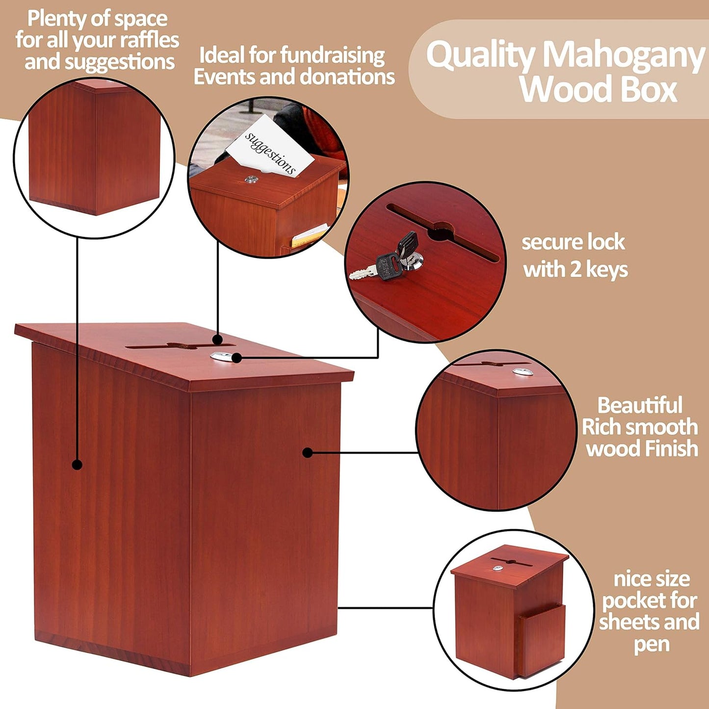 Wood Charity Donation collection Box Office suggestion Ballot Box With wide slot for envelopes and suggestion comment forms, Pocket and Locking Hinged Lid & Pen for Table Or Countertop(Rustic-Brown)