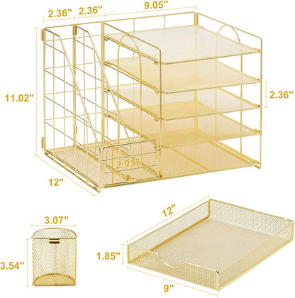 Marbrasse Rose Gold Desk Organizer with File Holder, 5-Tier Paper Letter Tray Organizer with Drawer and 2 Pen Holder, Mesh Desktop Organizer and Storage with Magazine Holder for Office Supplies