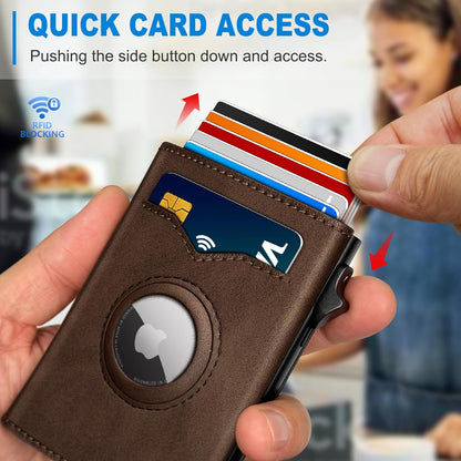 Airtag Wallet for Men,with Cash Pocket 2 ID Window 9-12 Cards,Metal Case Smart Slim Pop Up Credit Card Holder Flip with Magnetic Closure RFID Blocking Trifold wallet with Gift Box