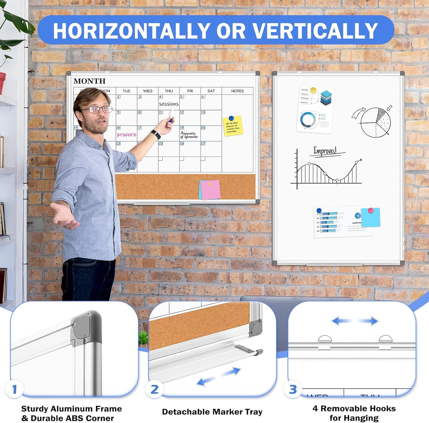 Monthly Calendar Whiteboard Dry Erase Cork Board Combo for Wall, 30" x 20" Magnetic Double-Sided Calendar White Board and Bulletin Board, Portable Board for Office, Kitchen, School, Home, Dorm