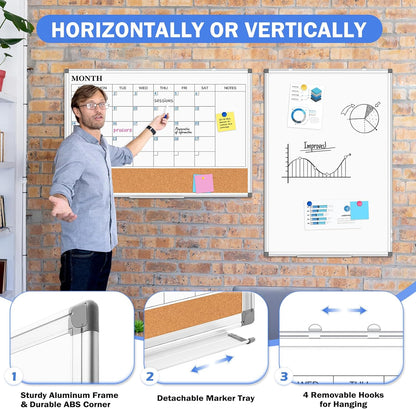 Monthly Calendar Whiteboard Dry Erase Cork Board Combo for Wall, 30" x 20" Magnetic Double-Sided Calendar White Board and Bulletin Board, Portable Board for Office, Kitchen, School, Home, Dorm