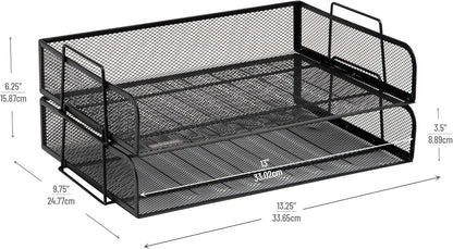 Mind Reader Stackable Paper Tray, Desktop Organizer, File Storage, Office, Metal Mesh, 13.25" L x 9.75" W x 6.25" H, 2 Pcs., Black