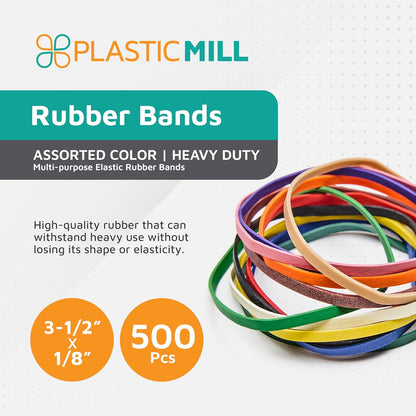 PlasticMill Rubber Bands Assorted Colors - Size 33 (3 1/2" x 1/8") - #33 Colored Rubber Bands Office Supplies - Strong, Elastic Bands for Crafts, Balloon Garland, Cash, File Folders (500-Pack)