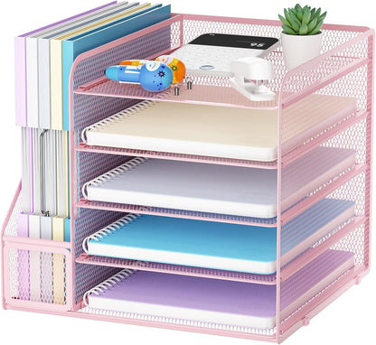 Marbrasse Desk Organizers and Accessories, 5-Tier Paper Letter Tray Organizer with File Holder, Mesh File Organizer, Office Desk Accessories & Organization for Supplies (Pink)
