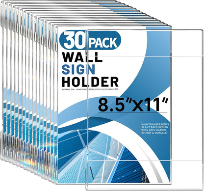 Aheroi 30Pcs Acrylic Sign Holder 8.5 x 11, Clear Wall Sign Holder 8.5 x 11 Wall Mount with 60 Tape, No Drilling Acrylic Wall Frame Paper Holder Document Holder for Office Home Restaurant