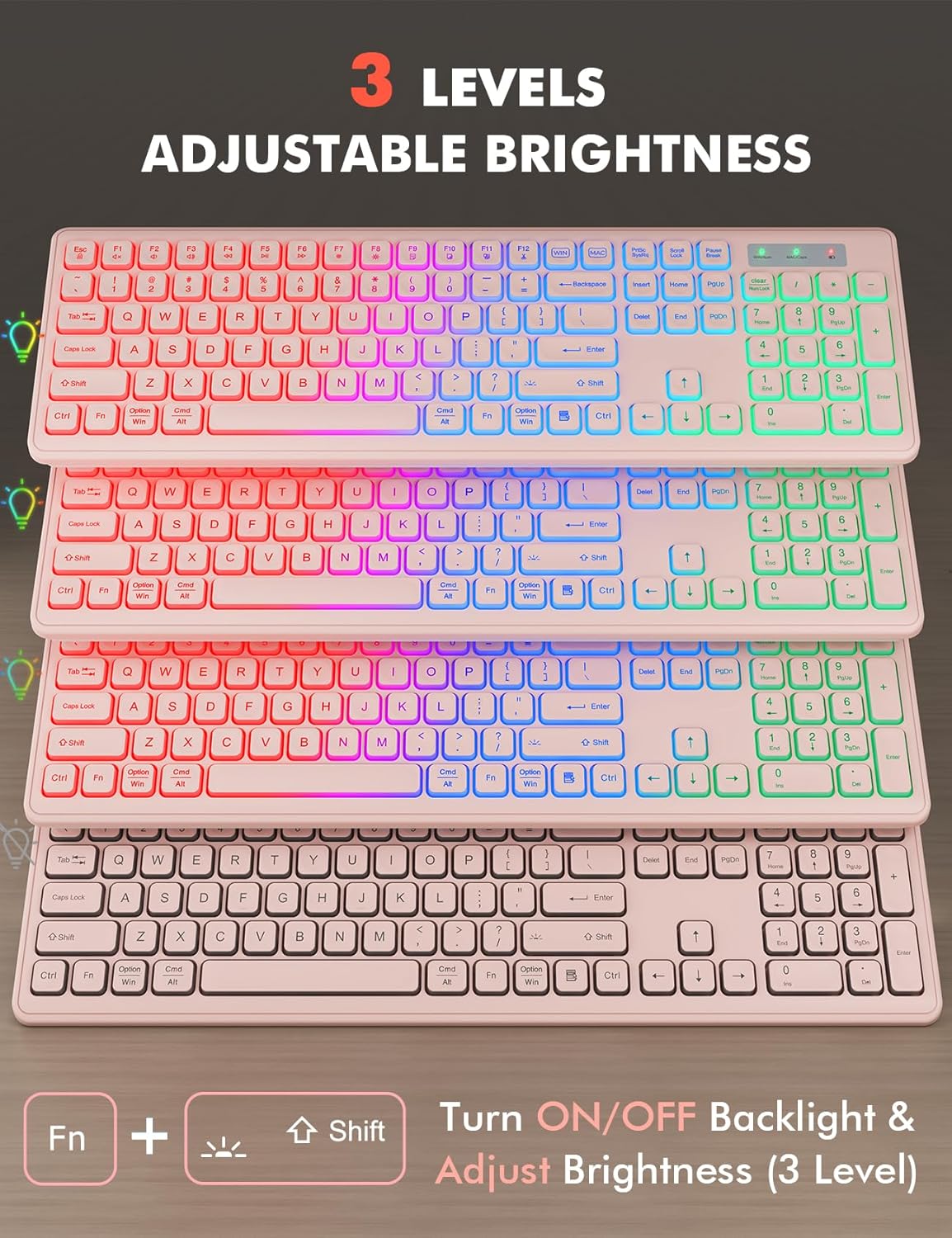 Wireless Keyboard and Mouse Combo - RGB Backlit, Rechargeable & Light Up Letters, Full-Size, Ergonomic Tilt Angle, Sleep Mode, 2.4GHz Quiet Keyboard Mouse for Mac, Windows, Laptop, PC, Trueque, Pink