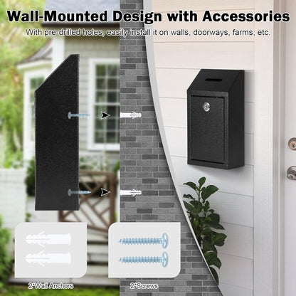 KYODOLED Money Cash Drop Box Wall Mount with Key, Metal Donation and Suggestion Box with Slot and Lock for Home, Farm or Office, Black, 10.24 x 5.7 x 2.95 Inch