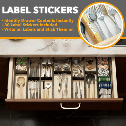 SpaceAid Bamboo Drawer Dividers with Inserts and Labels, Kitchen Adjustable Drawer Organizers, Expandable Organization for Home, Office, Dressers, 10 Dividers with 24 Inserts (17"-22" Black)
