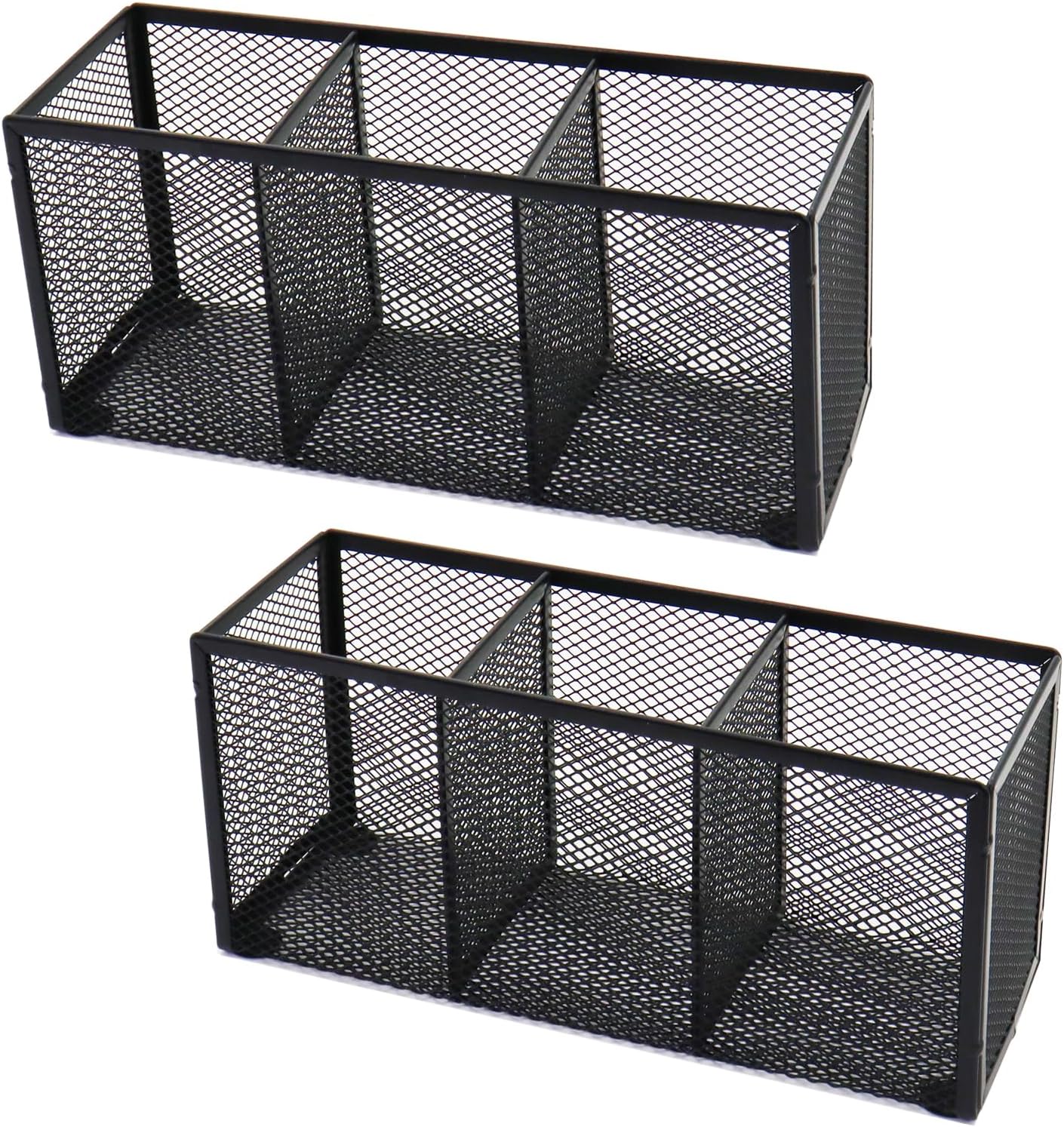 2PCS Black Mesh Pen Pencil Holder, Small Metal Desk Organizer Desktop Stationery Office Supplies Acessories Storage Stand, 3 Compartments Brushes Holder for Home School Classroom Teachers