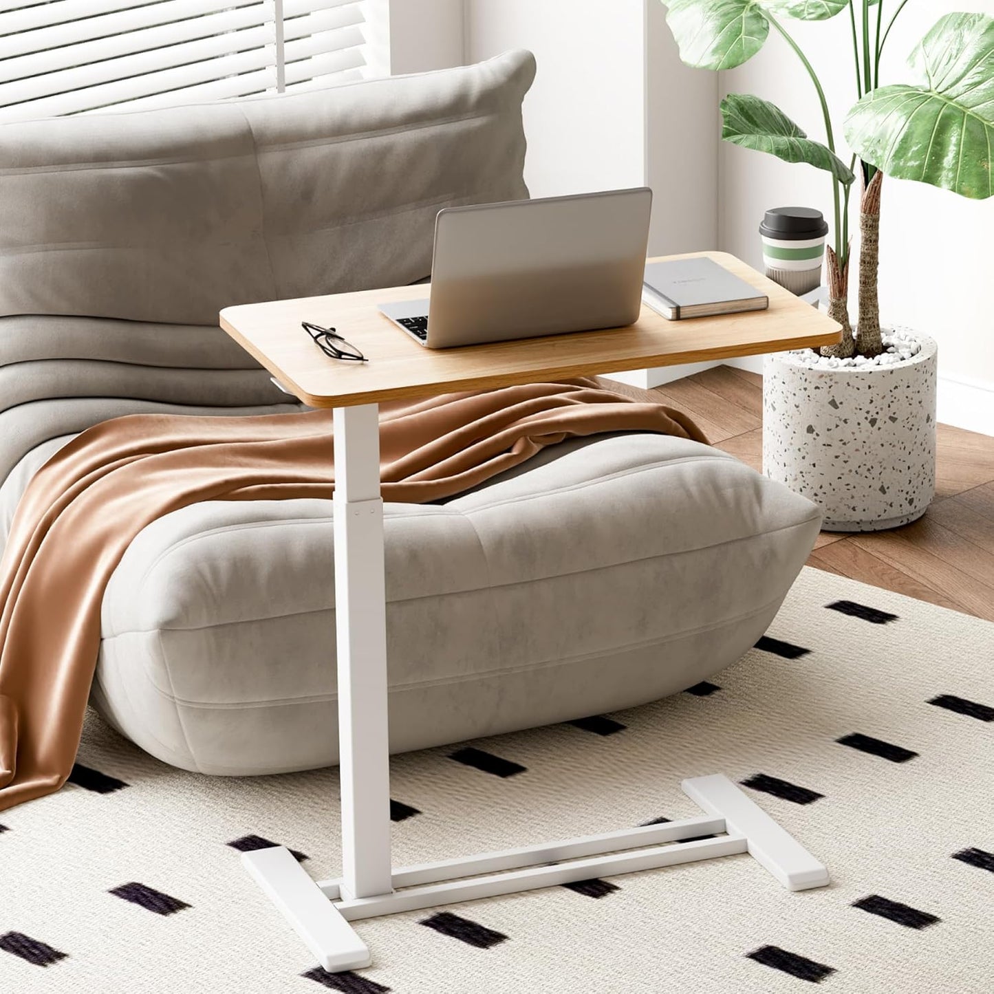 SANODESK Mobile Standing Desk with Hidden Wheels,Pneumatic Laptop Desk Rolling Computer Cart Movable Height Adjustable Small Sit Stand Desk for Home Office(27.6" W x 15.7" D,Maple)