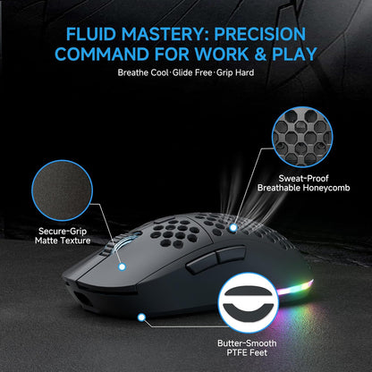 TMKB Falcon M1 Wireless Gaming Mouse, 24000DPI Optical Sensor, 180Hrs Battery, Lightweight, 6 Programmable Buttons, RGB Strip, 2.4G/BT5.2/USB-C Wired for PC/Mac/Laptop - Matte Black