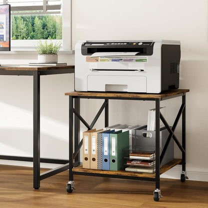Warmiehomy 24"x24"x24" Large Printer Stand with Storage, 2 Tier Rolling Printer Cart Table, Mini Fridge Stand with Wheels, Use for 3D Laser Printer Home Office, Rustic Brown