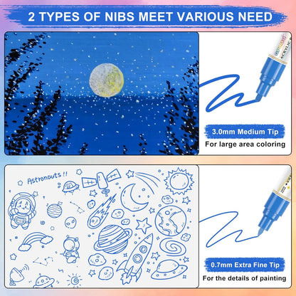 Paint Markers Paint Pens - 2 Pack Dual Tip Acrylic Permanent Marker (0.7mm & 3mm), Non-Toxic, Water-Based for Art Painting, Stone, Ceramic, Glass, Wood, Fabric, Metal, DIY Crafts (Blue)