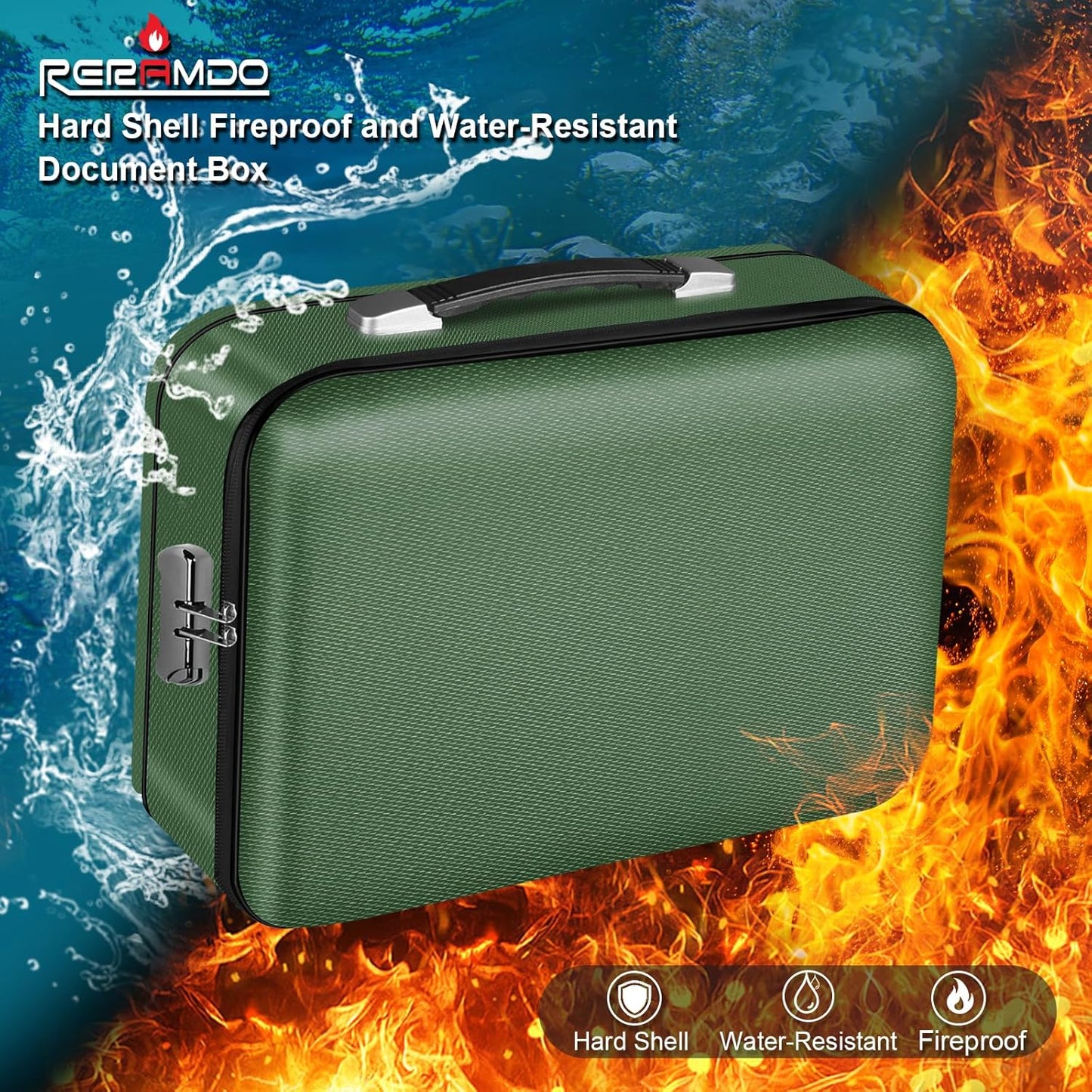 Fireproof Document Box, Hard Shell Fireproof Box, Document Organizer with Lock, Fireproof Water Resistant box, Portable Documents Safe Box for Important Document Certificates, Laptop, Passports, Green