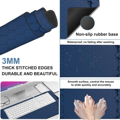 Large Mouse Pad Hexagon Style Gaming Desk Pad Computer Keyboard Non-Slip Waterproof Mouse Mat with Rubber Base and Stitched Edges Entertainment Office Writing Desk Mat 35.4 x 15.7 Inches