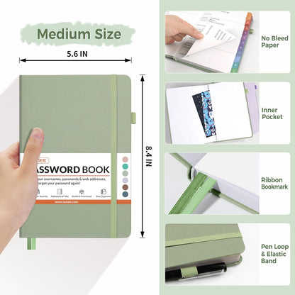 SUNEE Password Book with Colorful Alphabetical Tabs, Password Books for Seniors, Password Keeper Book for Computer and Internet Address Website Login, 5.3''x 7.7''- Sage Green