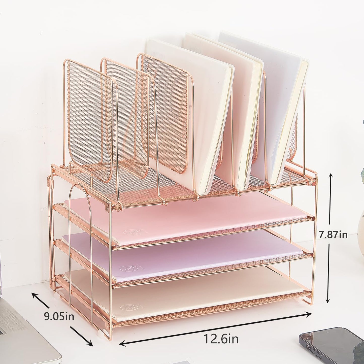 Desk Organizers and Accessories, 3-Tier Paper Organizer with 5 Vertical File Holders, File Organizer for Desk (Rose Gold, 3T)