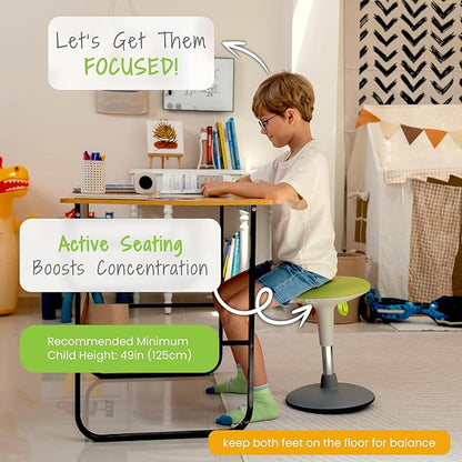 Wobble Stool for Kids Ages 7–12; Adjustable Height Wobble Stools for Classroom Seating with Soft Cushion; Flexible Wiggle Chair for Focus and ADHD Support + Bonus Visual Timer (Nature Green)