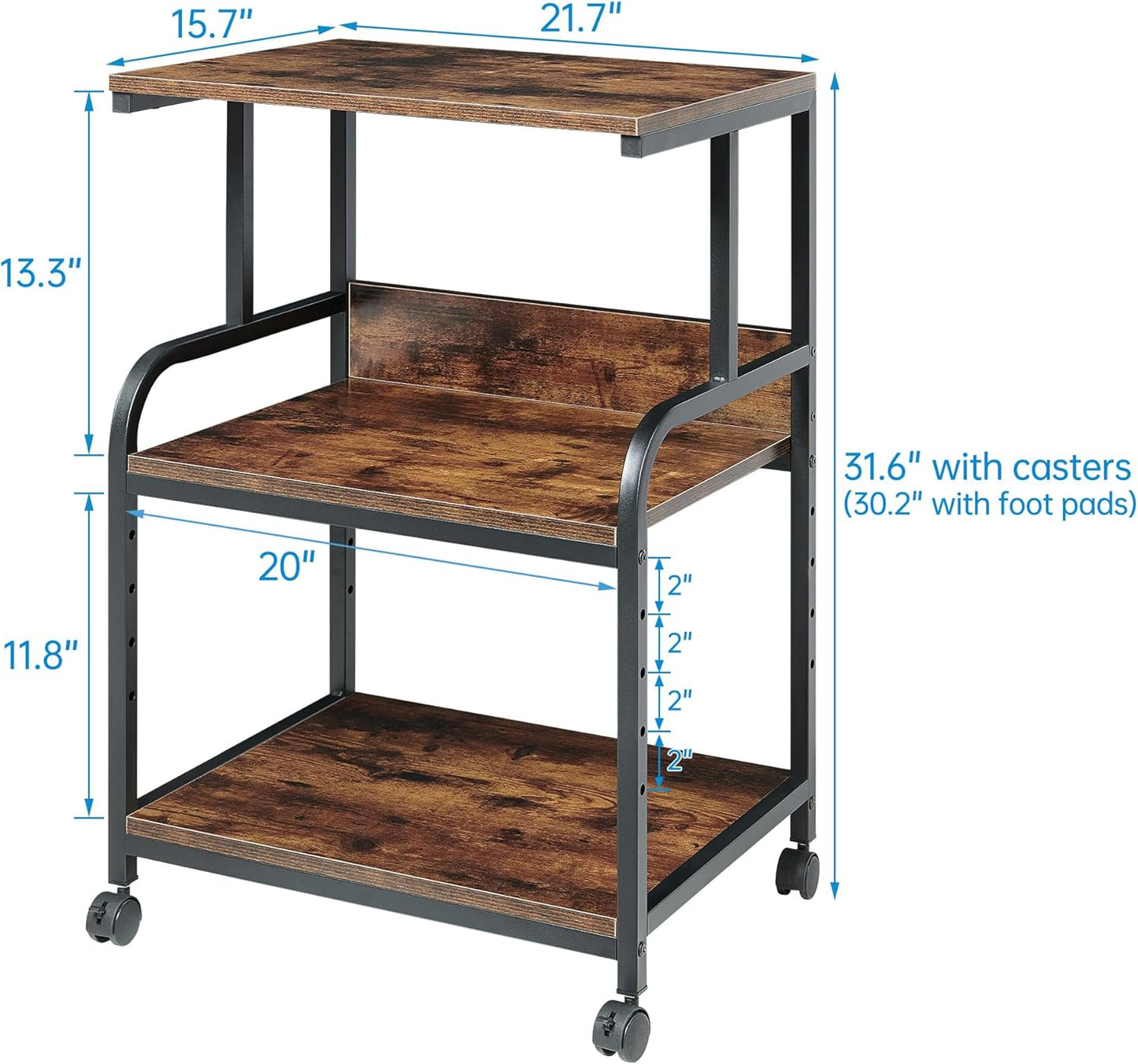 Printer Table Stand with Height Adjustable Shelf, 3 Tier Rolling Printer Cart with Wheels for Home Office Storage and Organization, Industrial Style