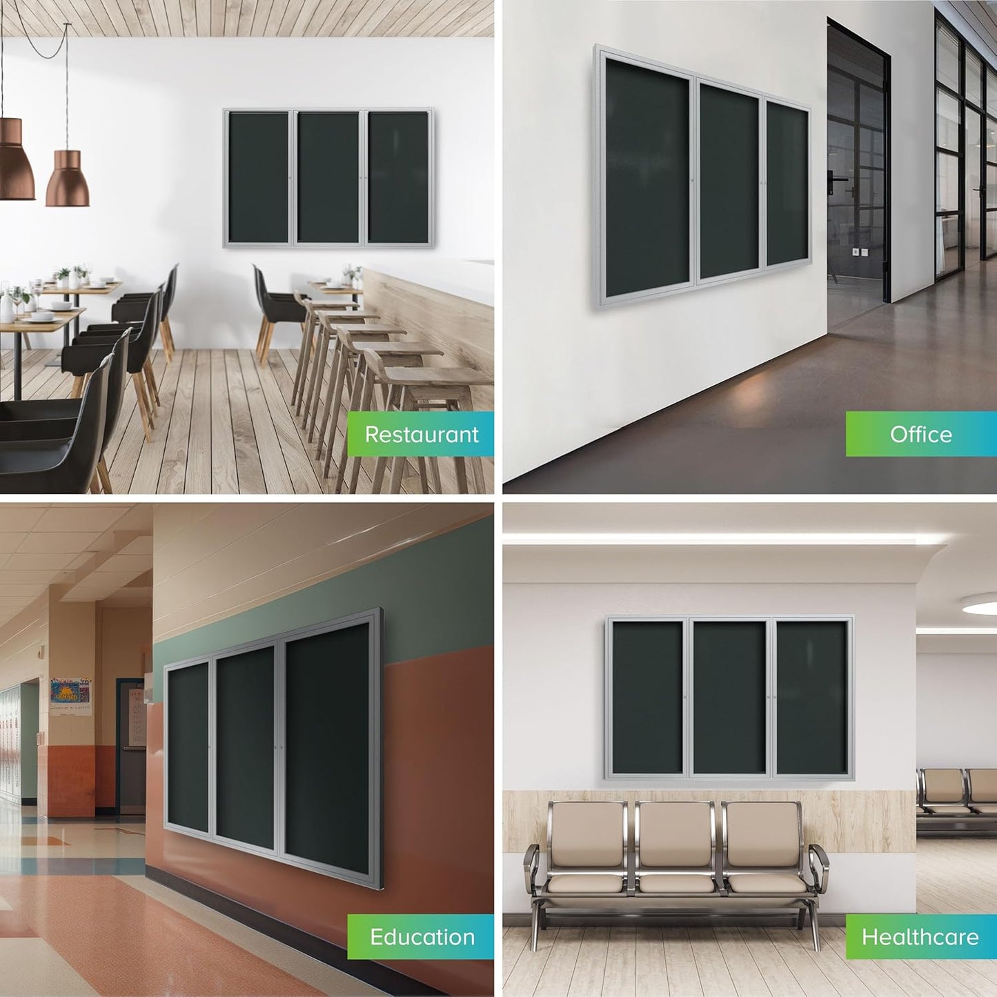 Ghent 48"x96" 3-Door Outdoor Enclosed Vinyl Bulletin Board, Shatter Resistant, with Lock, Satin Aluminum Frame - Ebony (PA34896VX-183), Made in the USA