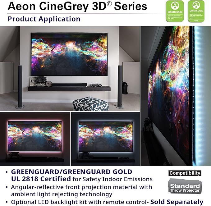 Elite Screens Aeon CineGrey 3D, 100" Fixed Frame CLR/ALR Projector Screen 16:9, Standard Throw Projection, Edge Free Ceiling & Ambient Light Rejecting, Wall-Mounted, for Movie Home Theater, AR100DHD3