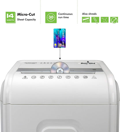 Aurora AU1480MA Professional Grade 14-Sheet Micro-Cut Paper and CD/Credit Card Shredder/ 30 Minutes Continuous Run Time, White/Gray