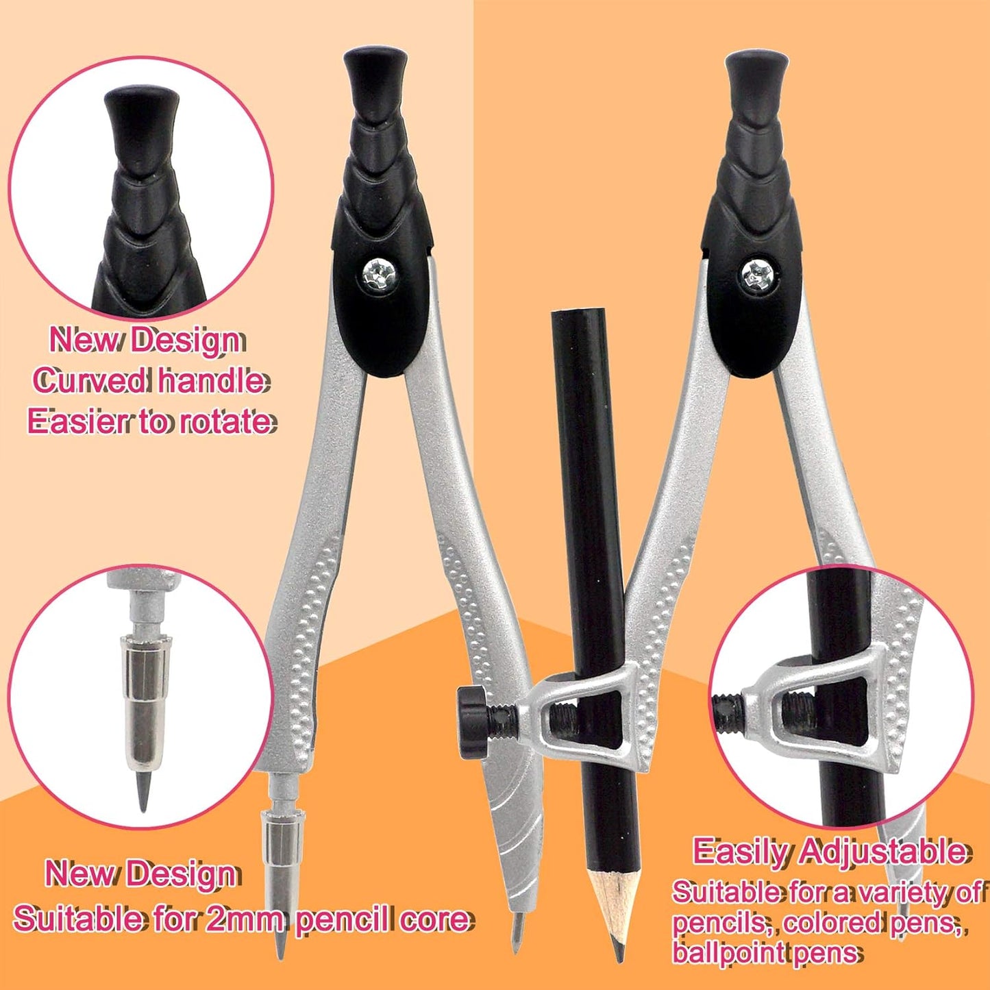 Professional Geometry Compass Set, Starter Compass Set Includes 2 Drafting Compasses, Protractor, 2 Set Squares, Ruler in Storage Box, Back-to-School Math Supplies for Students, Black