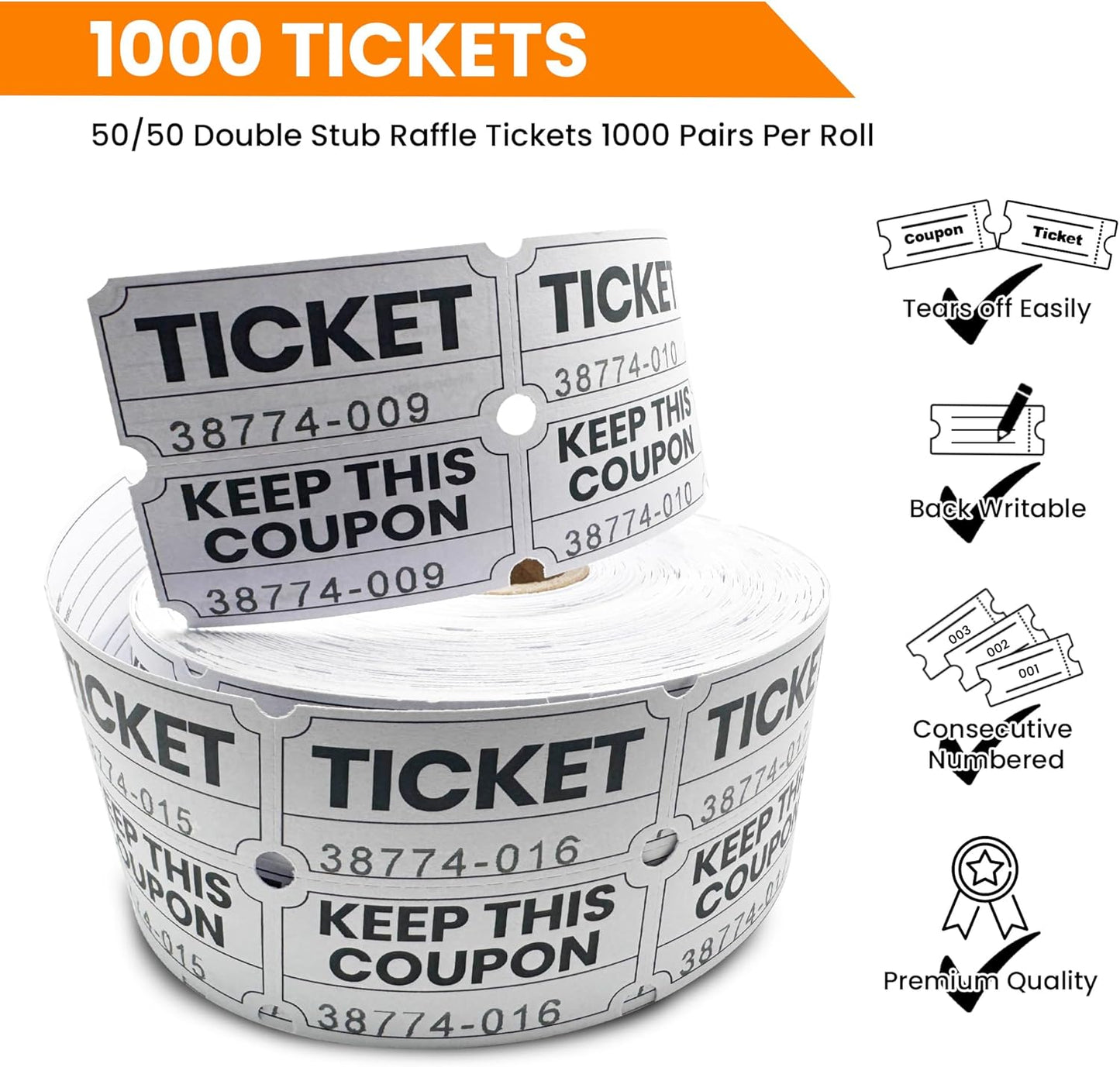 Pm Company 1000 White Raffle Tickets Double Roll, 50/50 Raffle Tickets for Events, Carnivals, Fundraisers, Classroom Rewards, and Prizes - Premium Quality