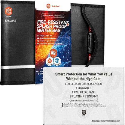 Fireproof Document Bag (Black) – Waterproof Zipper & Lock – for Home, Office & Travel – Holds Files, Cash, Passport, Valuables – Fire & Water Resistant