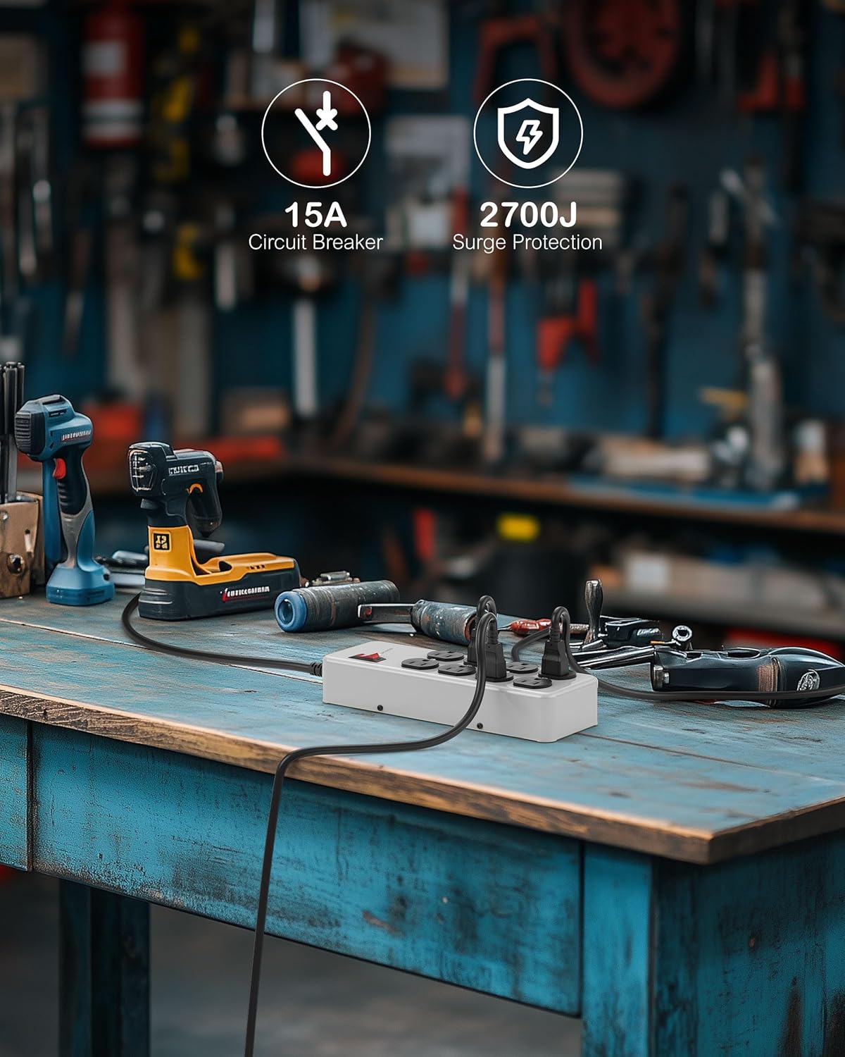 Heavy Duty Power Strip,Industrial Heavy Metal Case Surge Protector,8 AC Outlets,15Amp,2700 Joules,Protected' Indicator,14 Gauge Cord (Grey, 6FT Length)