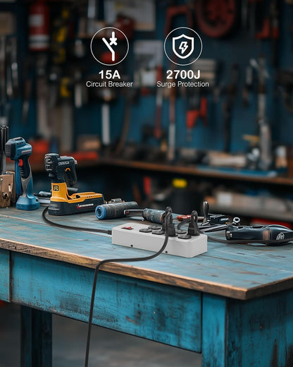 Heavy Duty Power Strip,Industrial Heavy Metal Case Surge Protector,8 AC Outlets,15Amp,2700 Joules,Protected' Indicator,14 Gauge Cord (Grey, 10FT Length)