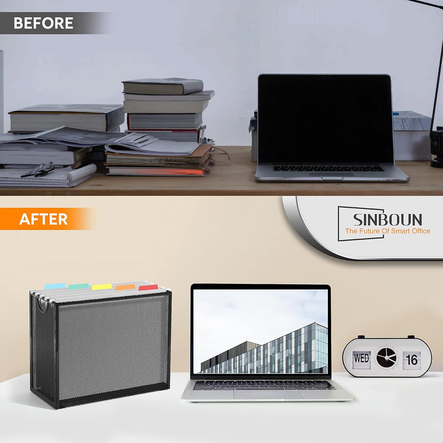 Sinboun Hanging File Organizer Letter-Size File Holder Filing Box Includes 5 Hanging Folders - Metal Mesh Magazine Letter Storage Cabinets File Cart for Office Home School, No Assembly Required