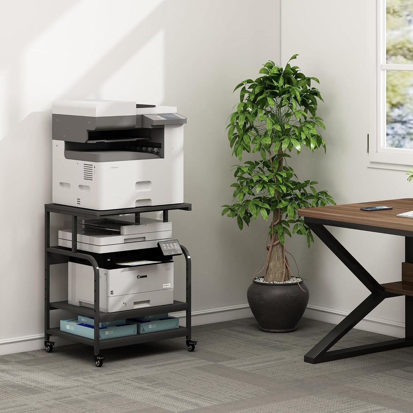 Printer Stand, 23.6 x18.9 x 30 Inches Large Printer Table with Adjustable Storage Shelf, 3 Tier Rolling Printer Cart with Wheels for Home Office, Stand for Heat Press Mini Fridge, Black
