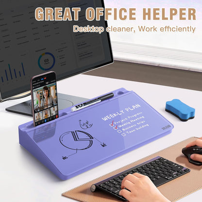 SELEAD Desktop Glass Whiteboard with Storage, Small Dry Erase White Board Computer Pad Keyboard Stand for Home, School, Office Desk Accessories - Purple